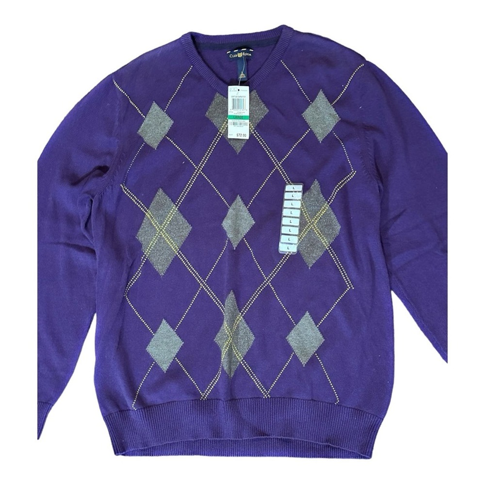 CLUB ROOM MEN’S Preppy ARGYLE V-NECK Breathable 100% COTTON Summer SWEATER Sz L